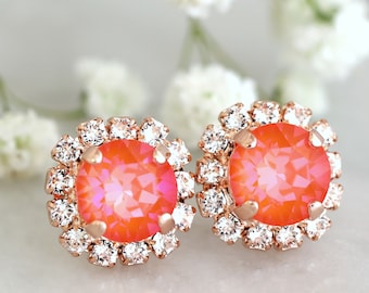 Orange Crystal Stud Earrings, Burnt Orange Earrings, Bridesmaid Gifts, Coral Stud Earrings, Gift For Her, Orange Crystal Stud Earrings