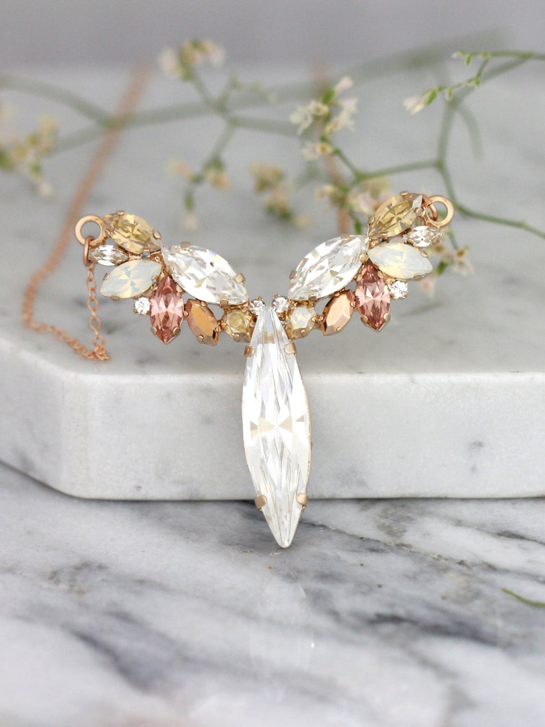 Bridal Blush Rose Gold Necklace, Bridal Crystal Blush Rose Necklace, Bridal Rose Gold Necklace, White Opal Rose Gold Bridal Crystal Necklace image 1