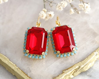 Red Crystal Drop Earrings, Bridal Red Ruby Earrings, Gold Turquoise  Red Dangle Earrings, Hot Red Crystal Earrings, Red Blue Earrings