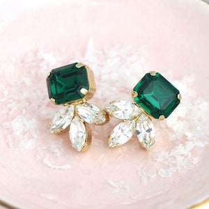 Emerald Green Crystal Stud Earrings, Bridal Emerald Earrings, Dark Green Stud Earrings, Bridesmaid Earrings, Emerald Wedding Jewelry