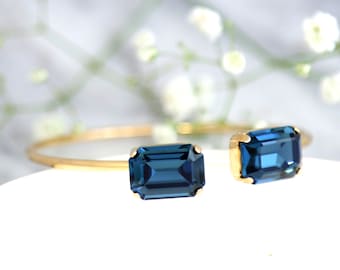 Blue Navy Crystal Bracelet, Bridal Blue Crystal Bracelet, Blue Navy Crystal Rose Gold Bracelet, Bridal Cuff Bracelet, Bridesmaids Jewelry