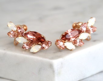 Blush Crystal Climbing Earrings, Bridal Blush Earrings, Rose Gold Climbing Earrings, Blush Stud Earrings, Blush Rose Climber Earrings