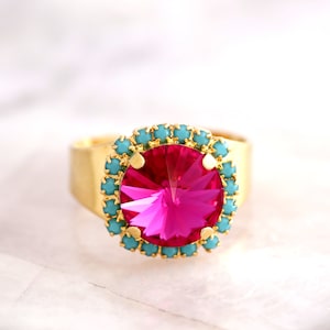 Pink Crystal ring ,Hot Pink Crystal Ring, Pink Turquoise Crystal Ring, Gift for Her, Cocktail Ring, Turquoise Pink Crystal Ring