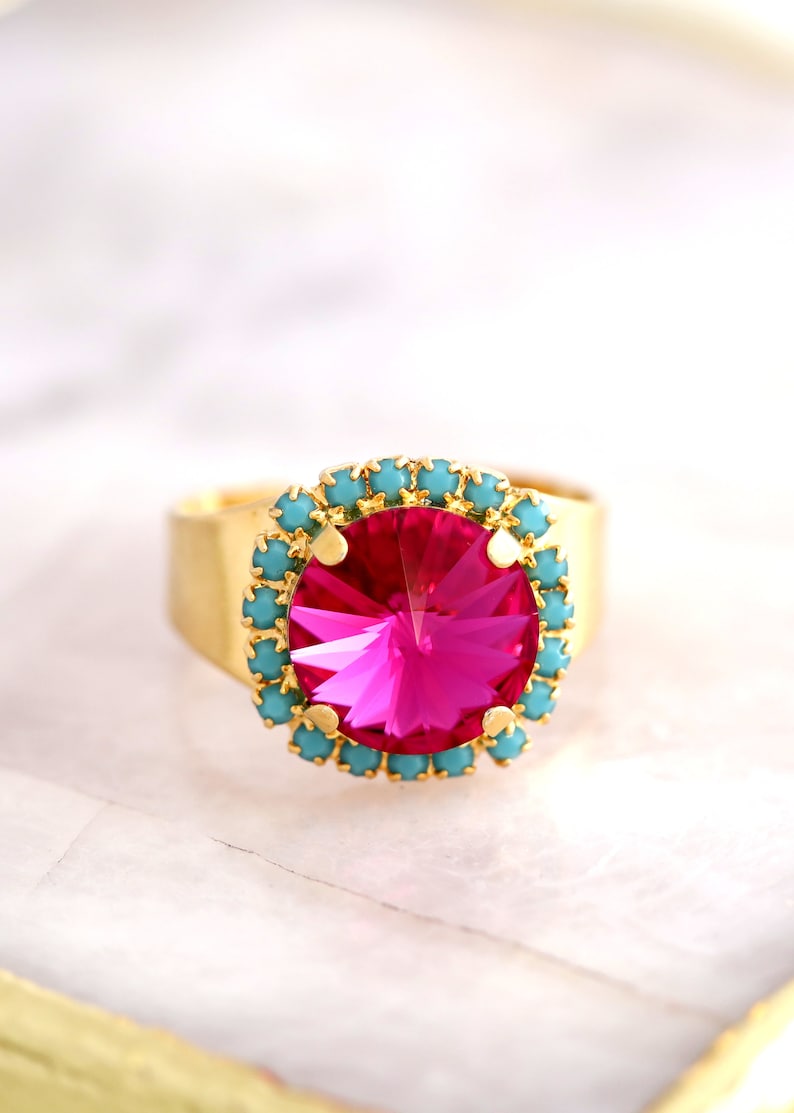 Pink Crystal ring ,Hot Pink Crystal Ring, Pink Turquoise Crystal Ring, Gift for Her, Cocktail Ring, Turquoise Pink Crystal Ring image 2