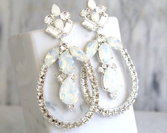 Bridal Opal Earrings, Bridal Statement Crystal Earrings, White Opal Bridal LONG Earrings, Bridal Crystal Opal Chandelier Earrings