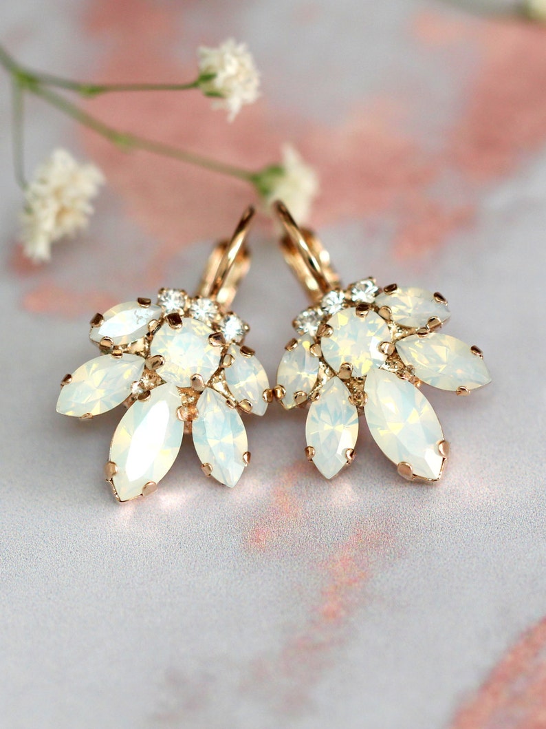 Bridal Opal Earrings, Crystal Drop Opal Earrings, Bridal Cluster Earrings, Drop Earrings, Opal Bridal Drop Earrings, Bridesmaids Earrings image 1