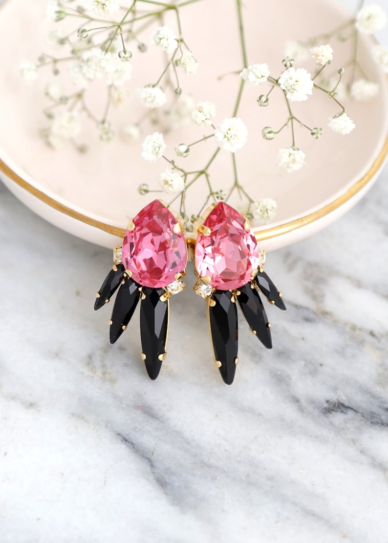 Pink Statement Earrings Pink Blak Crystal Earrings Pink Rose Etsy