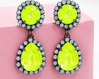 Yellow Neon Earrings, Powder Blue Electric Yellow Chandelier Swarovski Crystal Earrings,  Yellow Blue Drop Earrings, Summer Earrings