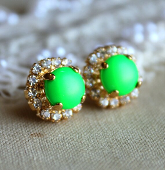 Items similar to Neon Green Stud earrings Crystal, Swarovski studs, trendy neon jewelry 14 k