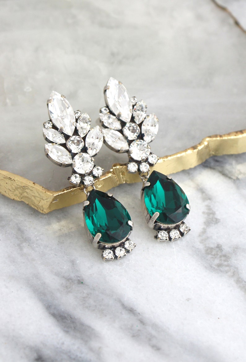 Emerald Earrings, Bridal Emerald, Green Emerald Chandelier Earrings, Green Bridal Earrings, Emerald Crystal Chandelier Crystal Earrings Oxidized Silver