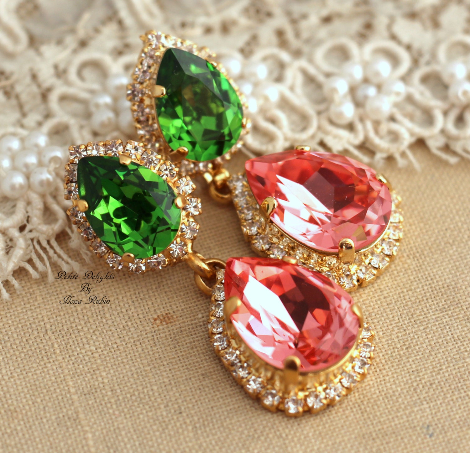 Coral Graan Earrings Peach Green Crystal Swarovski Earrings | Etsy