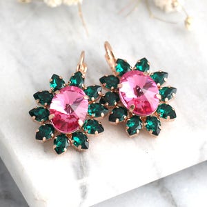 Grün Rosa Ohrringe, Smaragd Ohrringe, Rosa Grün Tropfen Kristall, Brautjungfern Ohrringe, Smaragd Rosa Tropfen Ohrringe, Geschenk für sie
