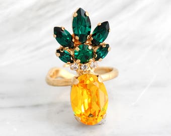 Anello di ananas, gioielli di ananas, anello da cocktail di cristallo, matrimonio tropicale, anelli di dichiarazione, anello di dichiarazione di ananas di cristallo, anello di cristallo