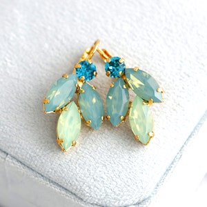 Green Blue Earrings, Green Opal Crystal Earrings, Green Sage Blue Teal Drop Earrings, Bridal Sage Crystal Earrings, Handmade Gift image 2