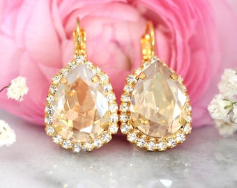Champagne Gold Crystal Drop Earrings, Bridal Classic Champagne Earrings, Wedding Jewelry Crystal Earrings, Bridesmaids Earrings.