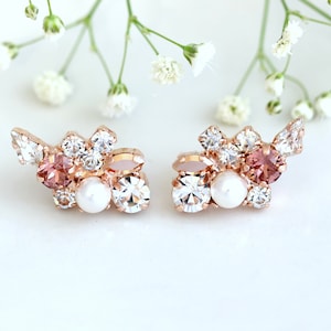 Bridal Climbing Earrings, Blush Climbing Earrings, Pearl Blush Rose Gold Crystal Bridal Earrings, Cluster Pearl Blush Pink Stud Earrings