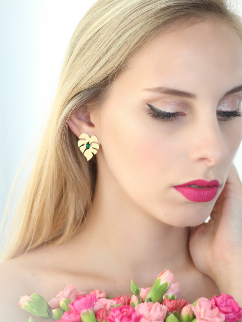 Monstera Leaf Earrings, Palm Leaf Earrings, Leaf Earrings, Emerald Earrings, Bridal Earrings, Gift For Her, Tropical Earrings, Leaf Studs image 2