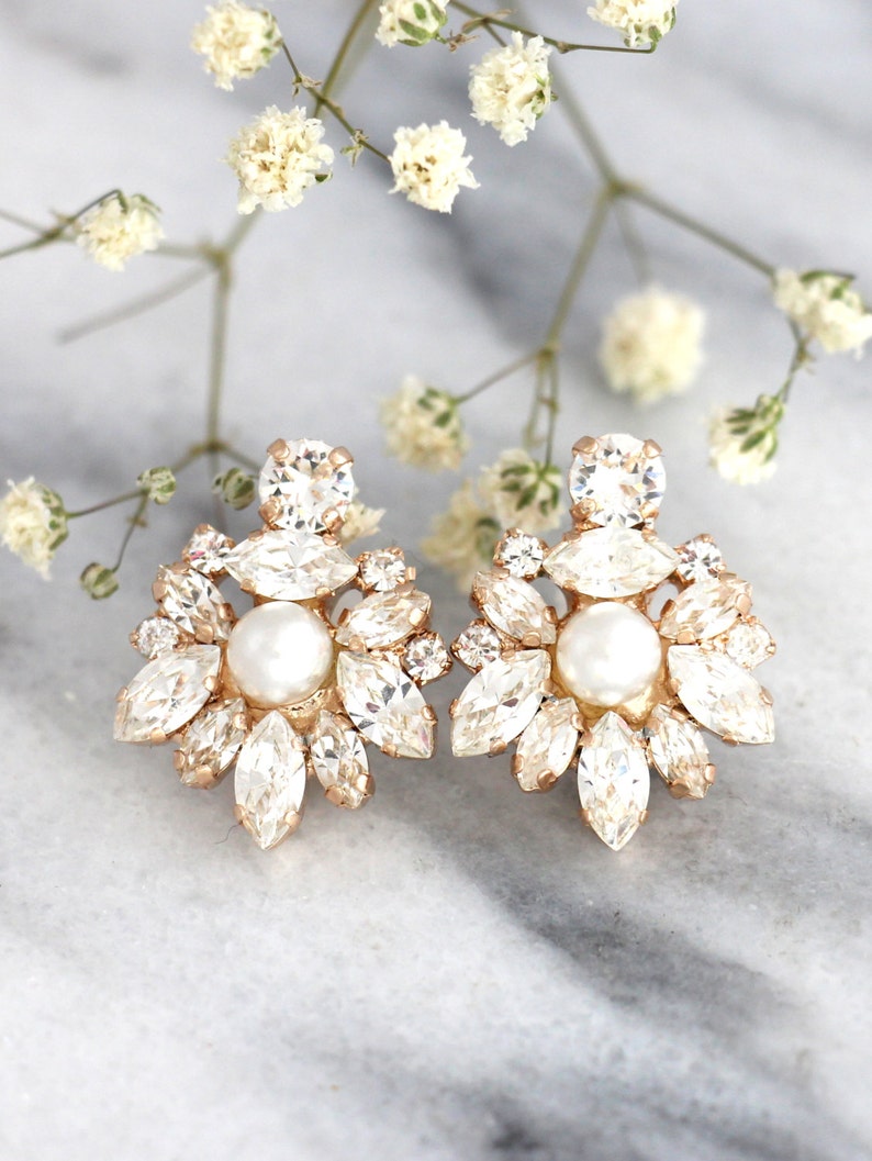 Bridal Pearl Crystal earrings, Bridal Cluster earrings, Bridal Pearl Crystal Earrings, White Crystal Pearl cluster Rhinestone Earrings image 6