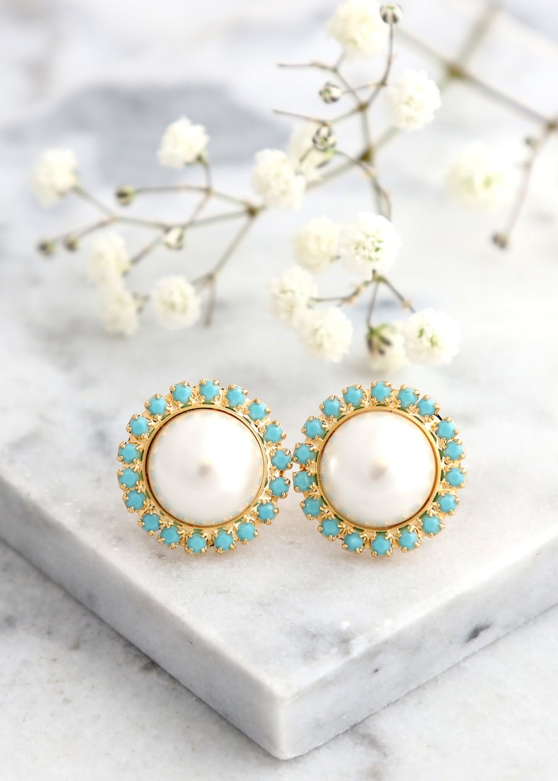 Pearl Earrings, Pearl Turquoise Stud Earrings, Gift For Her, Bridesmaids Earrings, Bridal Pearl Earrings, Bridal White Pearl Turquoise Studs image 1