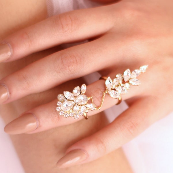 Cocktail-Ring, Brautring, Kristall-Cocktail-Ring, Statement-Ring, Champagner-Ring, verstellbarer Ring, Cocktail-Goldring, großer Kristallring