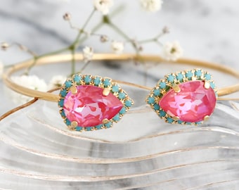 Pink Gold Bracelet, Hot Pink Cuff Bracelet, Hot Pink Crystal Cuff Bracelet, Neon Pink Turquoise Crystal Bracelets