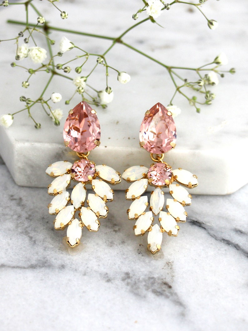 Bridal Blush Long Earrings, Blush Pink Crystal Chandelier, Peach Bridal Earrings, Blush Rose Chandelier Earrings, Morganite Earrings image 3