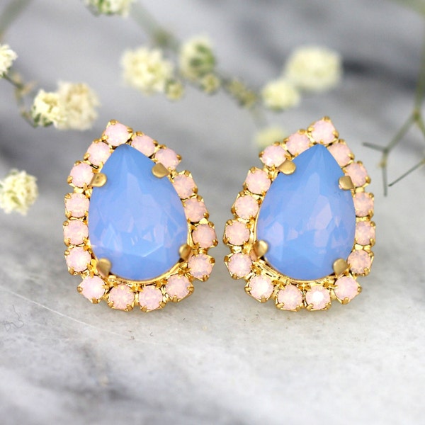 Baby Blue Earrings, Blue Opal Earrings, Aqua Pink Studs, Crystal Blue Opal Earrings, Bridesmaids Earrings, Pastel Earrings, Bridal Earrings