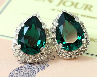 Emerald Earrings, Emerald Green Studs, Emerald Bridal Earrings, Emerald Green Crystal Stud Earrings, Emerald Silver Studs, Emerald Jewelry