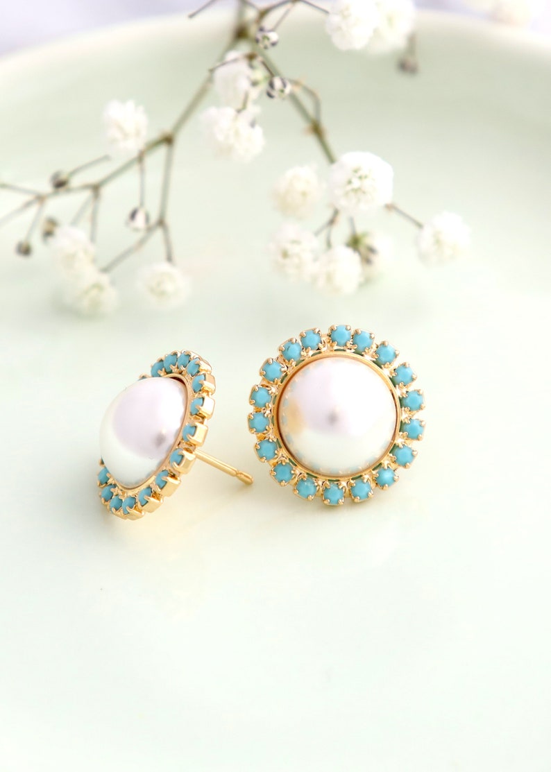 Pearl Earrings, Pearl Turquoise Stud Earrings, Gift For Her, Bridesmaids Earrings, Bridal Pearl Earrings, Bridal White Pearl Turquoise Studs image 4