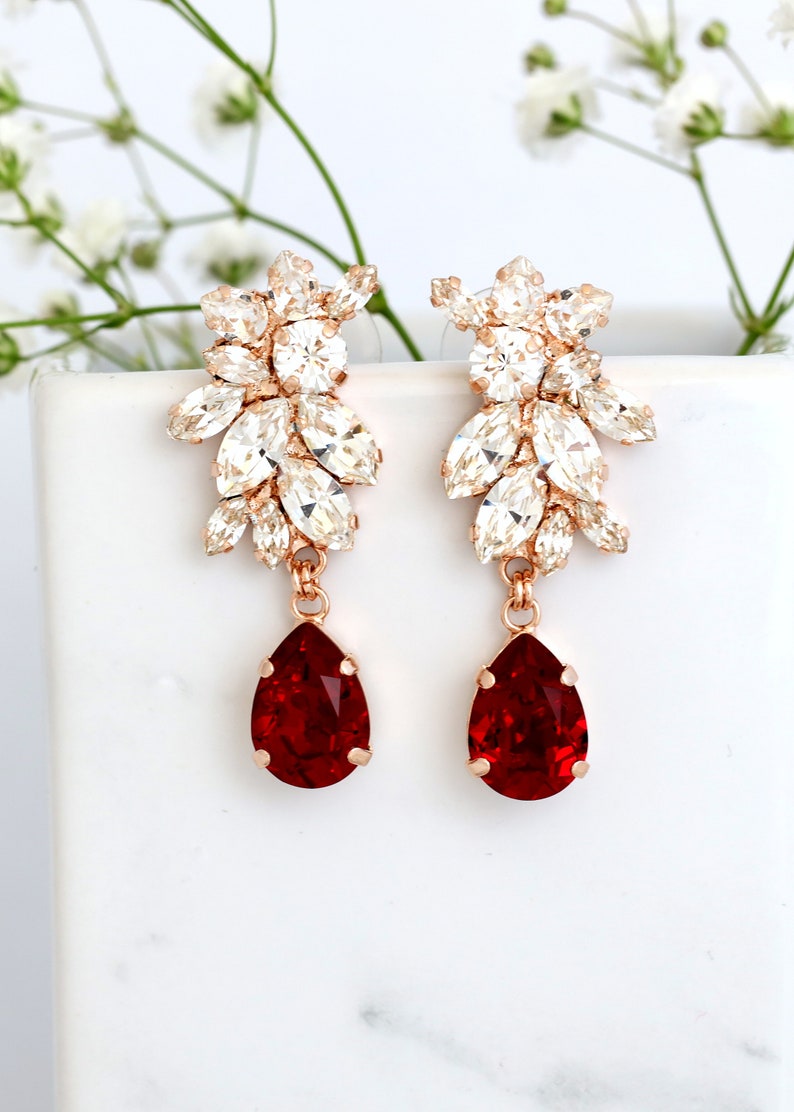 Red Ruby Bridal Earrings, Bridal Red Wine Chandelier Earrings, Red Crystal Drop Earrings, Maroon Crystal Earrings, Bridal Red Earrings image 5