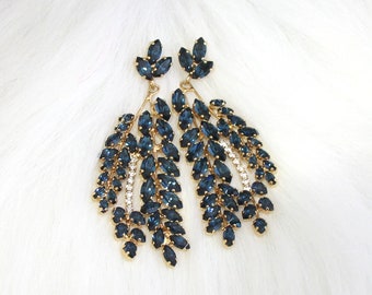 Blue Navy Earrings, Bridal Blue Navy Earrings, Dark Blue Statement Earrings, Navy Blue Oversize Dangle Earrings, Crystal Blue Chandeliers