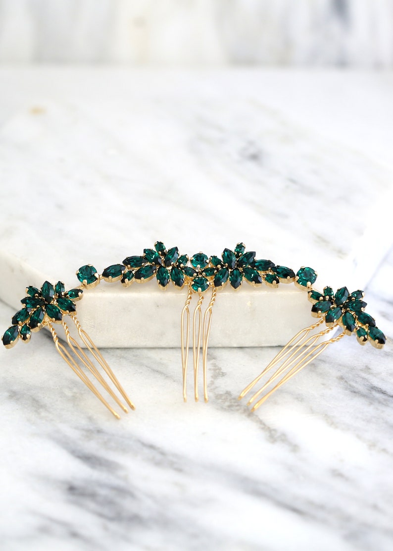 Bridal Hair Comb, Emerald Hair Comb, Hair Side Comb, Bridal Emerald Hair Accessories, Bridal Green Emerald Hair Comb, Emerald Hair Comb image 5