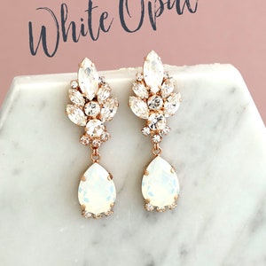 White Opal Clip On Earrings, Bridal LONG Clip On Earrings, Bridal Opal Crystal Earrings, Clip On Earrings, Opal Gold Chandelier Earrings image 2