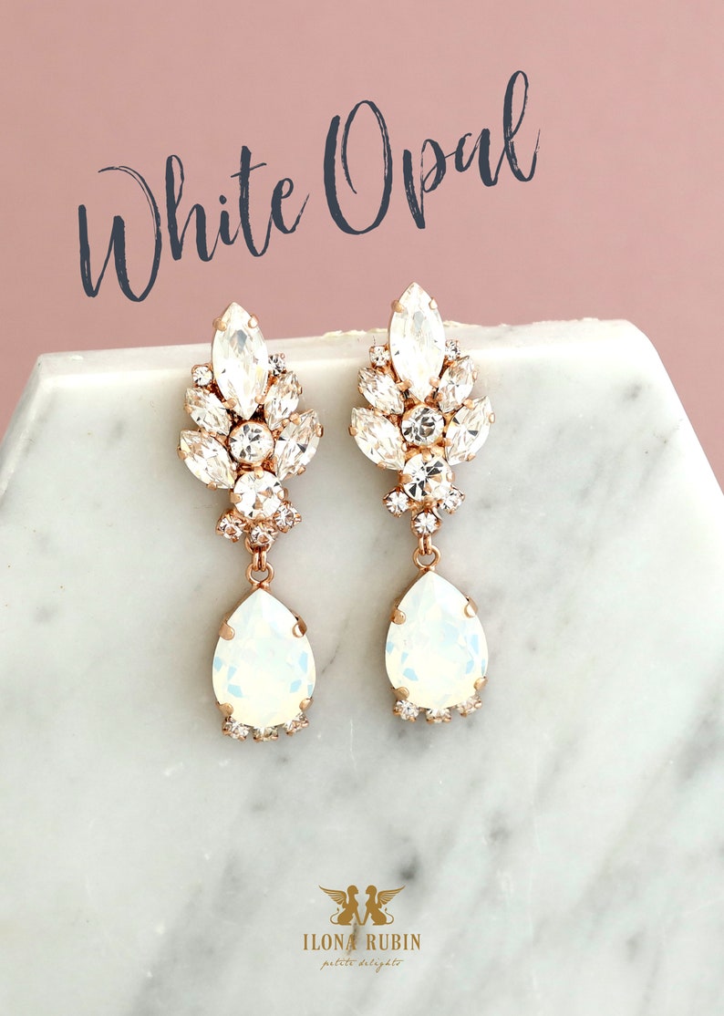 White Opal Clip On Earrings, Bridal LONG Clip On Earrings, Bridal Opal Crystal Earrings, Clip On Earrings, Opal Gold Chandelier Earrings image 2