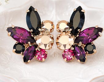 Purple Black Earrings, Bridal Purple Rose Gold Earrings, Bridal Cluster Earrings, Bridesmaids Earrings, Gift for her, Purple Stud Earrings