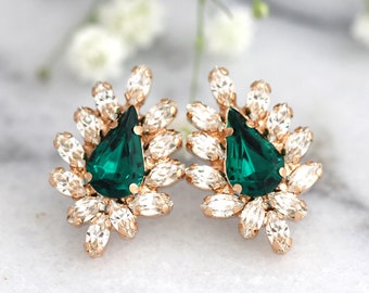 Green Emerald Stud Earrings, Bridal Emerald Crystal Earrings, Emerald Cluster Earrings, Bridesmaids Earrings, Christmas Gift For Woman