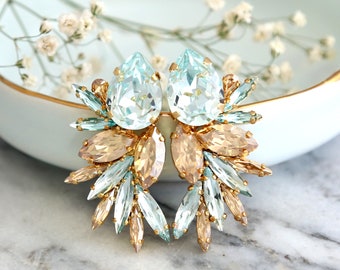 Aquamarine Earrings, Bridal Aquamarine Earrings, Light Blue Gold Crystal Earrings, Oversize Earrings, Aquamarine Big Rose Gold Earrings