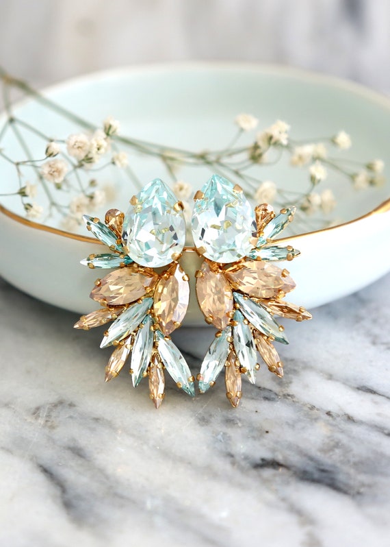Aquamarine Earrings Bridal Aquamarine Earrings Light Blue Gold Crystal Earrings Oversize Earrings Aquamarine Big Rose Gold Earrings Etsy