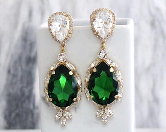 Emerald Earrings, Emerald Long Earrings, Bridal Earrings, Statement Earrings, Emerald Statement Earrings, Green Long Crystal Earrings