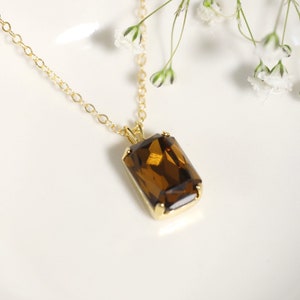 Browne Crystal Necklace, Brown Smoky Quartz Gold Or Silver Necklace, Brown Emerlad Cut Crytsal Necklace, Gift for her, Handmade Gift image 4