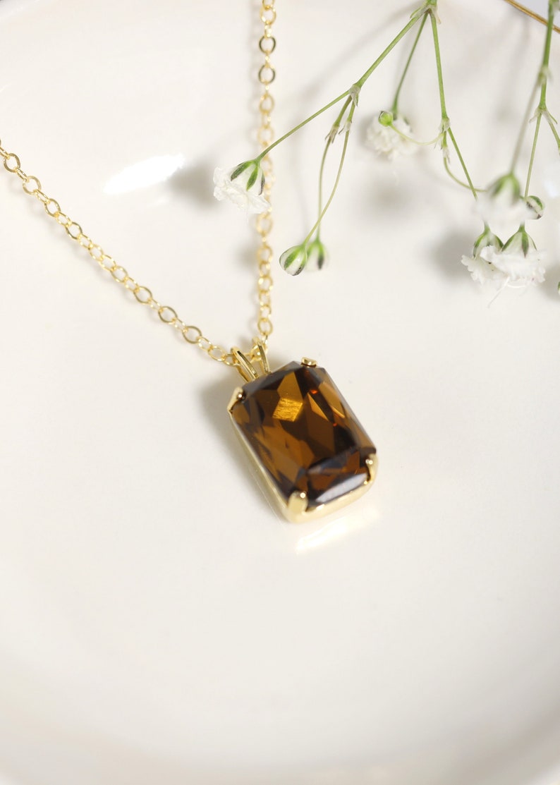 Browne Crystal Necklace, Brown Smoky Quartz Gold Or Silver Necklace, Brown Emerlad Cut Crytsal Necklace, Gift for her, Handmade Gift image 4