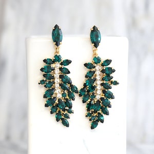 Emerald Statement Long Earrings, Emerald Green Chandelier Earrings, Bridal Emerald Green Earrings, Emerald Wedding, Chandelier Earrings image 6