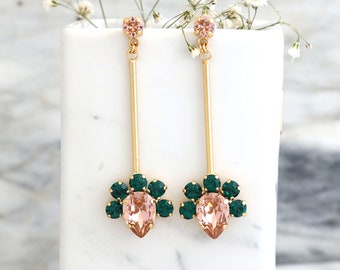 Emerald Blush Pink Crystal Drop Earrings, Emerald Pink Drop Earrings, Emerald Green Dangle Earrings, Urban Bridal Green Pink Bridal Earrings