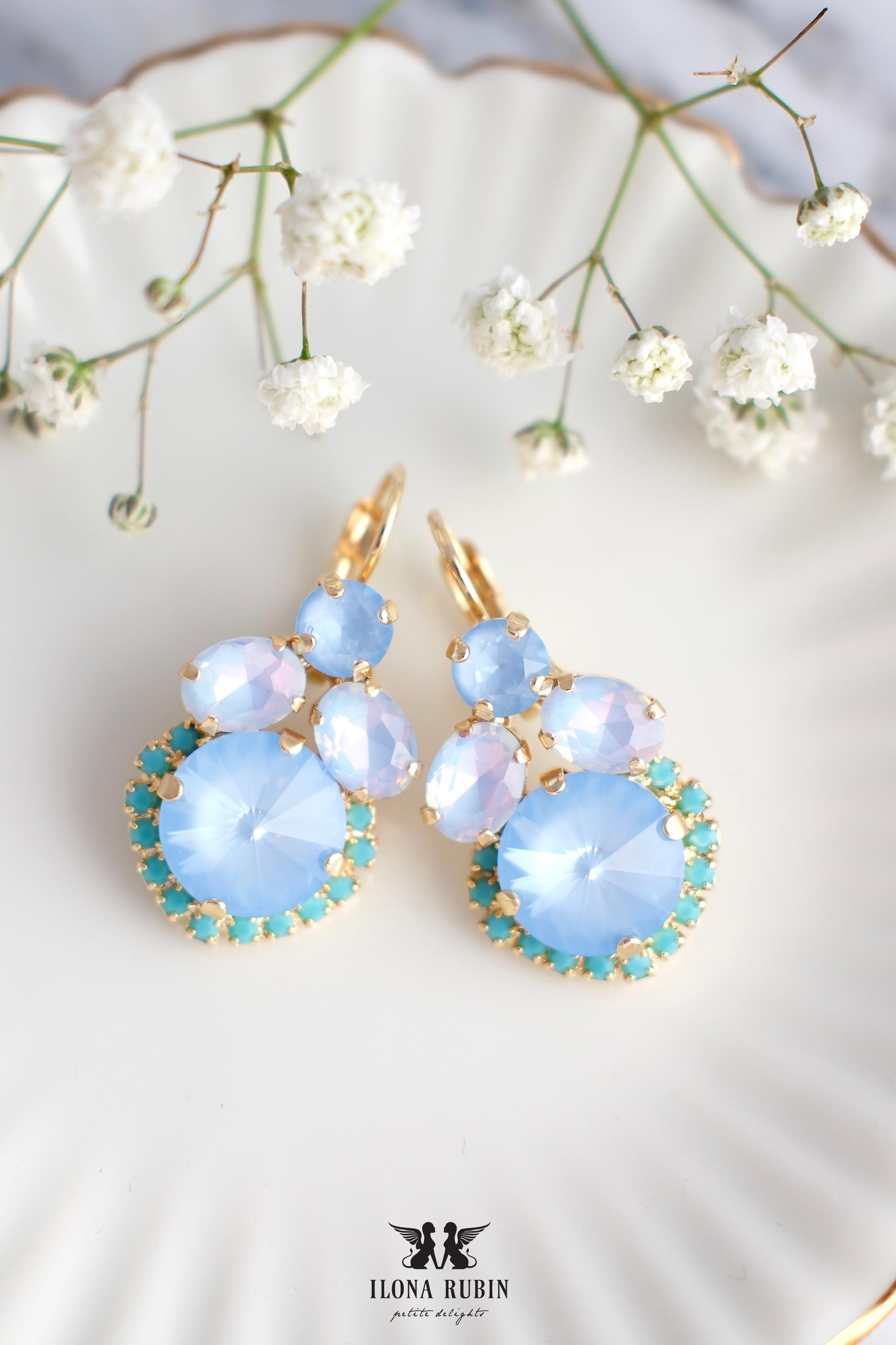 Boucles D'oreilles Chandelier Opaline & Bleu - Faites En France - Neuves