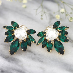 Emerald Earrings, Emerald Bridal Earrings, Emerald Cluster Crystal Earrings, Bridal Emerald Green Earrings, Emerald Green Stud Earrings