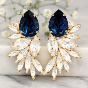 Blue Navy Earrings, Bridal Navy Blue Earrings, Blue Navy Bridal Earrings, Blue Navy Statement Earrings, Blue Navy Big Crystal Gold Earrings