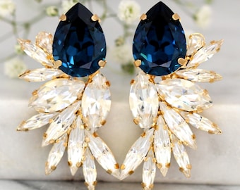Blue Navy Earrings, Bridal Navy Blue Earrings, Blue Navy Bridal Earrings, Blue Navy Statement Earrings, Blue Navy Big Crystal Gold Earrings