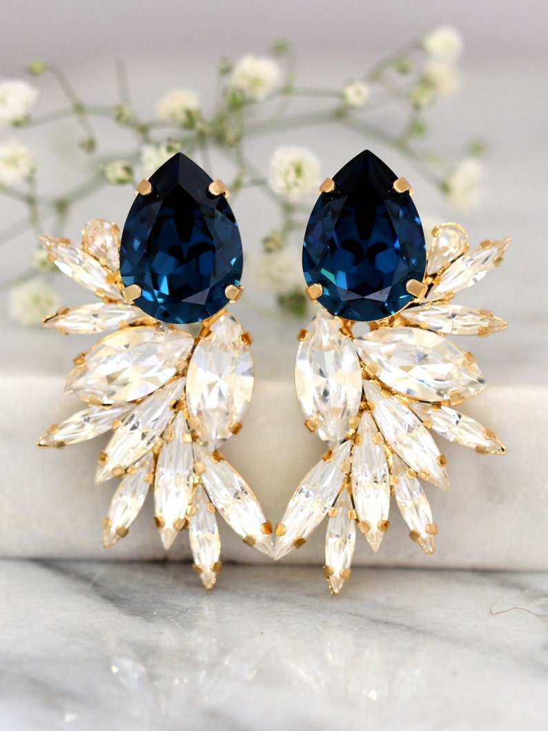 Blue Navy Earrings, Bridal Navy Blue Earrings, Blue Navy Bridal Earrings, Blue Navy Statement Earrings, Blue Navy Big Crystal Gold Earrings image 1