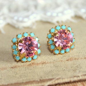 Pink Blue Stud Stud Earrings, Pink Crystal Earrings, Bridesmaids Earrings, Gift For Women, Handmade Pink Earrings, Pink Turquoise Earrings image 3