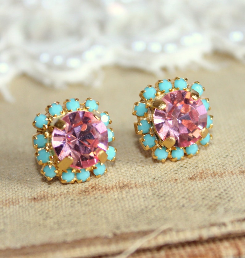 Pink Blue Stud Stud Earrings, Pink Crystal Earrings, Bridesmaids Earrings, Gift For Women, Handmade Pink Earrings, Pink Turquoise Earrings image 3
